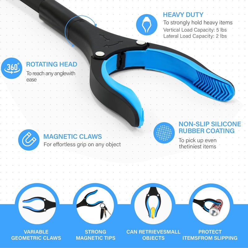GrabRunner 2 Pack 32 inch Folding Reacher Grabber Tool with Strong Magnetic and Swivel Head &Shoehorn (Blue Blue) - Image 2